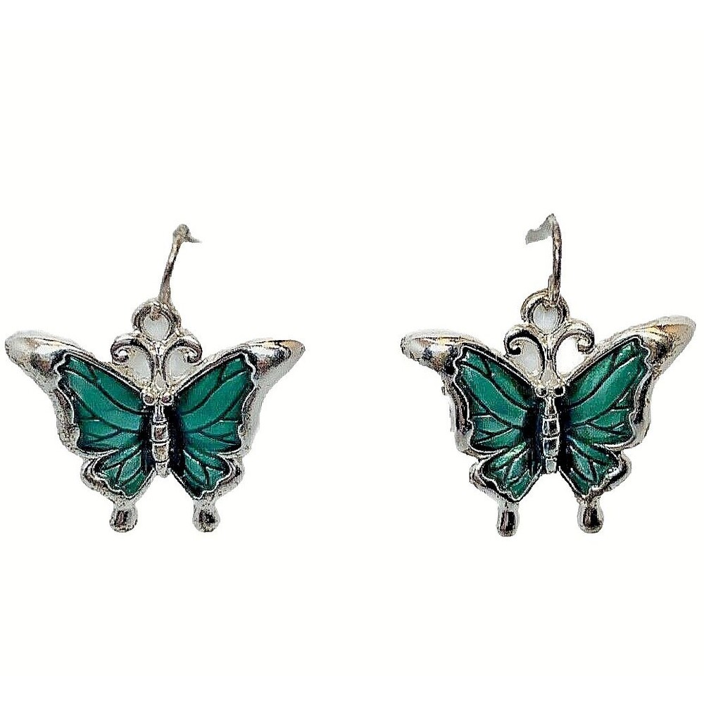 Green Butterfly Dangle Earrings 7/8" Silver Tone Fairycore Whimsical
